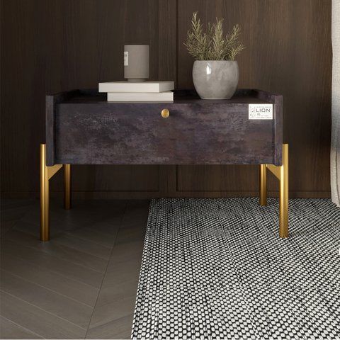 Тумба приліжкова LION Wood з однією шухлядою Бетон темний (золоті ножки) фото