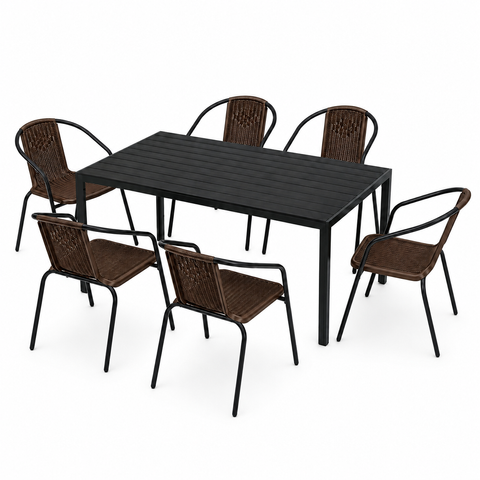 Комплект садовой мебели 4Points Sanremo-6 прямоугольный стол 150&times;90&times;70см со столешницей из искусственного дерева Polywood и 6 стульев, Коричневый фото