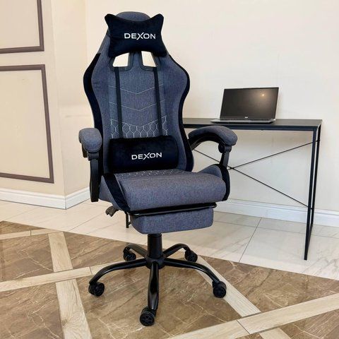 Геймерське ігрове крісло комп'ютерне DEXON ORION X з підставкою для ніг з тканини і велюровими подушками для пк розкладне Темно-Сі фото