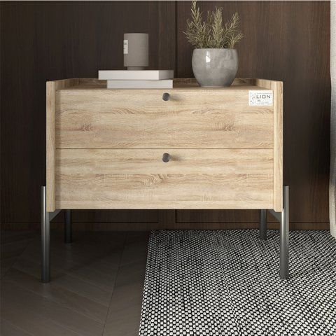 Тумба приліжкова LION Wood з двома шухлядами Дуб Сонома (чорні ножки) фото