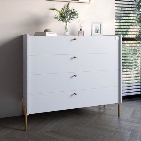 Комод с 4 ящиками LION Wood с золотыми ножками 100х90х45 см Нимфея Альба (белый) ТОП фото