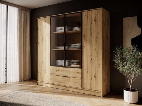 Гардеробна/шафа для одягу Келлі/Kelly 4DRM 4-дверна з центральними прозорими дверцятами та додатковими полицями Дуб артизан