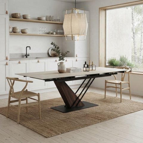Стіл обідній FERNANDO CERAMIC 180(240)*90 травертин мат/темний горіх фото