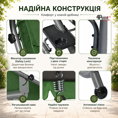 Садова гойдалка 230см до 350кг 4P Garden Comfort чотиримісна, розкладна, з подушками та підстаканниками, Зелена