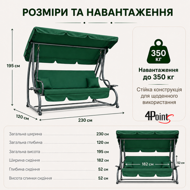 Садова гойдалка 230см до 350кг 4P Garden Comfort чотиримісна, розкладна, з подушками та підстаканниками, Зелена