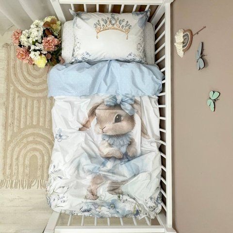 Комплект постілі підліток, 90х200, Зайчик блакитний/горох на блакитному (підковдра+наволочка) фото