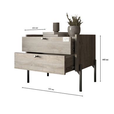Тумба приліжкова LION Wood з двома шухлядами Бетон style (чорні ножки)