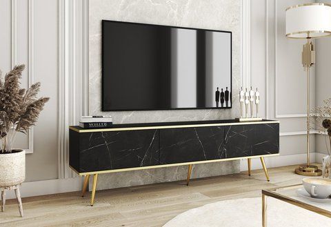Тумба под телевизор Оро/Oro 3-дверная с золотыми ножками RTV175 Черный мрамор роял