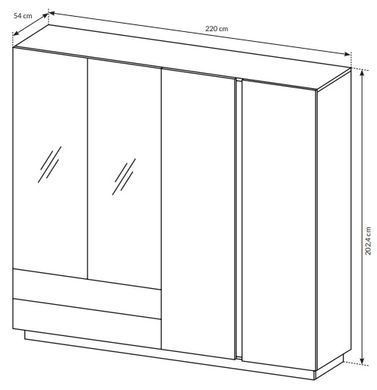 Шафа для одягу Арко/Arco 4-дверна з дзеркалом 4D2S/220 Білий глянець/дуб грандсон