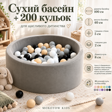 Сухий басейн Плюш Велюр сірий з кульками +200 кульок фото