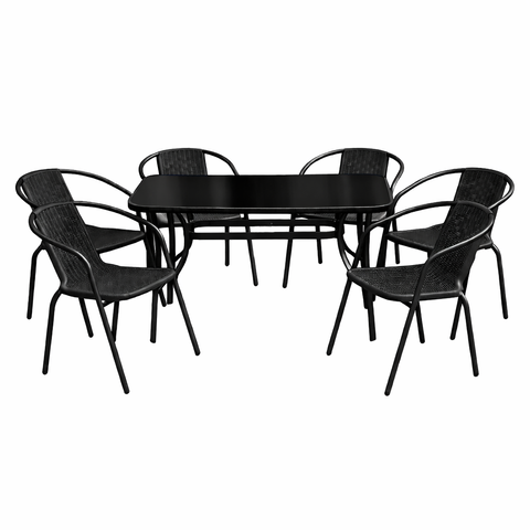 Комплект садовой мебели 4Points Rapallo-6 с прямоугольным столом 120x70x70см с черной стеклянной столешницей, Чёрный фото